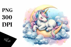 Colorful Unicorn Napping on Moon, PNG Product Image 1
