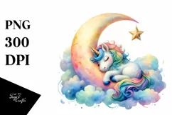Colorful Unicorn Napping on Moon, PNG Product Image 1
