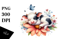 Cute Cow on Flower, Whimsical Watercolor PNG Product Image 1