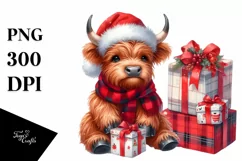 Highland Cow with Santa Hat, Transparent PNG Product Image 3