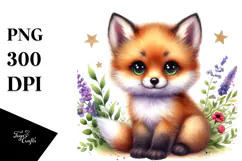 Cute Fox with Big Eyes, Digital Watercolor PNG Product Image 1