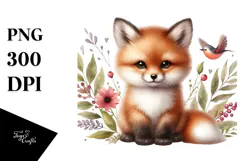 Cute Fox with Big Eyes, Digital Watercolor PNG Product Image 1