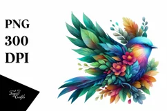 Vibrant Bird with Flowers, Watercolor PNG Product Image 3