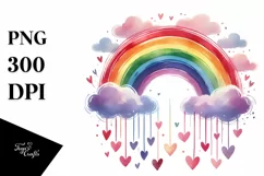 Colorful Watercolor Rainbow with Hanging Hearts PNG Product Image 1