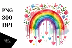 Colorful Watercolor Rainbow with Hanging Hearts PNG Product Image 1