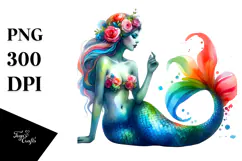 Cute Sitting Mermaid, Watercolor PNG Product Image 1