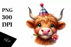 Highland Cow Party Hat Big Eyes | Clipart Product Image 1