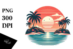 Retro Tropical Island Sunset Clipart PNG Product Image 1
