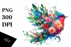 Vibrant Bird with Flowers, Watercolor PNG Product Image 1