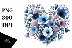 Watercolor Blue Heart with Spring Flowers PNG Product Image 1
