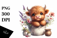 Cute Baby Highland Cow in Vase Clipart Product Image 1