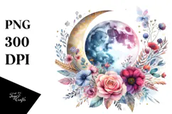 Boho Moon with Flowers Watercolor Art | Clipart Product Image 1