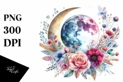 Boho Moon with Flowers Watercolor Art | Clipart Product Image 1