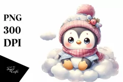 Cute Retro Baby Penguin in Winter Clothes on a Cloud PNG Product Image 1