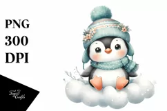 Cute Retro Baby Penguin in Winter Clothes on a Cloud PNG Product Image 1
