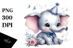 Energetic Baby Elephant with Party Hat PNG Product Image 1