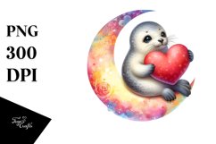 Baby Seal on Moon Watercolor PNG Product Image 1