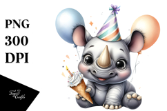 Cute Baby Rhino with Party Hat, PNG Product Image 1