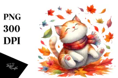Cute Cat Tumbling with Autumn Leaves in the Wind PNG Product Image 1