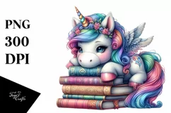 Colorful Unicorn with Stack of Books, PNG Product Image 1