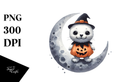 Cute Baby Seal on Halloween Moon PNG Product Image 1