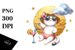 Happy Cat in Beachwear Drinking Cocktail PNG Product Image 1