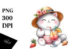 Happy Cat in Beachwear Drinking Cocktail PNG Product Image 1