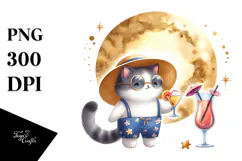 Happy Cat in Beachwear Drinking Cocktail PNG Product Image 1
