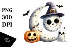 Funny Watercolor Halloween Simple Moon Clipart Product Image 1