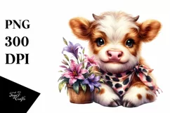 Baby Highland Cow with Lobelia | Clipart Product Image 3