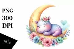Colorful Baby Hippo Sleeping Moon Clipart Product Image 3