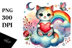 Colorful Cat Heart Sitting on Cloud, PNG Product Image 1