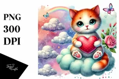 Colorful Cat Heart Sitting on Cloud, PNG Product Image 1