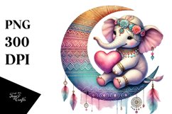 Colorful Boho Elephant Heart Sitting on Half Moon, PNG Product Image 1