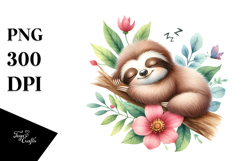 Cute Baby Sloth Sleeping on Flower, PNG Product Image 1