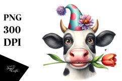 Cow Watercolor Cow Portrait with Party Hat and Big Goofy Product Image 3