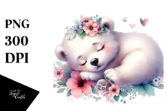 Digital Baby Polar Bear, Sleeping on Flower PNG Product Image 1