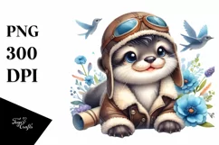 Colorful Baby Otter in Aviator Suit Watercolor Clipart Product Image 3