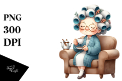 Old Lady Sofa Hair Curlers Tea Cup Clipart Product Image 1