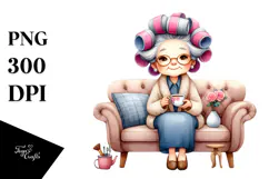 Old Lady Sofa Hair Curlers Tea Cup Clipart Product Image 1