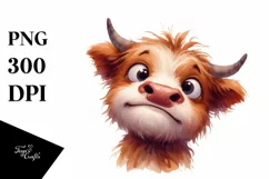 Watercolor Funny Expressive Highland Cow Baby Face PNG Product Image 1