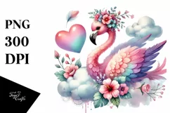 Colorful Adorned Flamingo Heart Sitting on Cloud, PNG Product Image 1