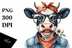 Watercolor Cow with Bandana and es Clipart Product Image 1