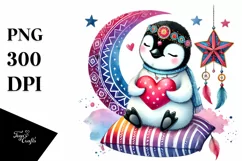 Colorful Boho Penguin Heart Sitting on Star, PNG Product Image 1