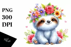 Cartoon Sloth with Flower Crown Watercolor Clipart Product Image 3