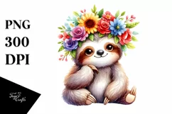 Cartoon Sloth with Flower Crown Watercolor Clipart Product Image 1