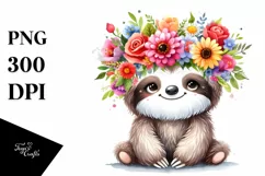 Cartoon Sloth with Flower Crown Watercolor Clipart Product Image 3