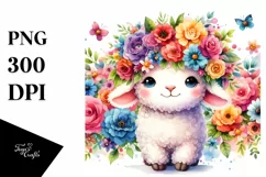Cartoon Lamb with Flower Crown Watercolor Clipart Product Image 3