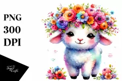 Cartoon Lamb with Flower Crown Watercolor Clipart Product Image 1