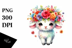 Cartoon Lamb with Flower Crown Watercolor Clipart Product Image 3